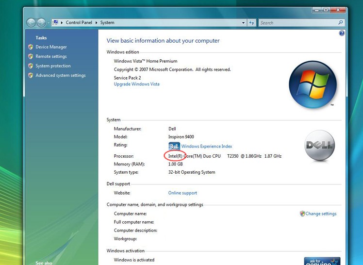 Dell Vista Home Premium X86 Processor